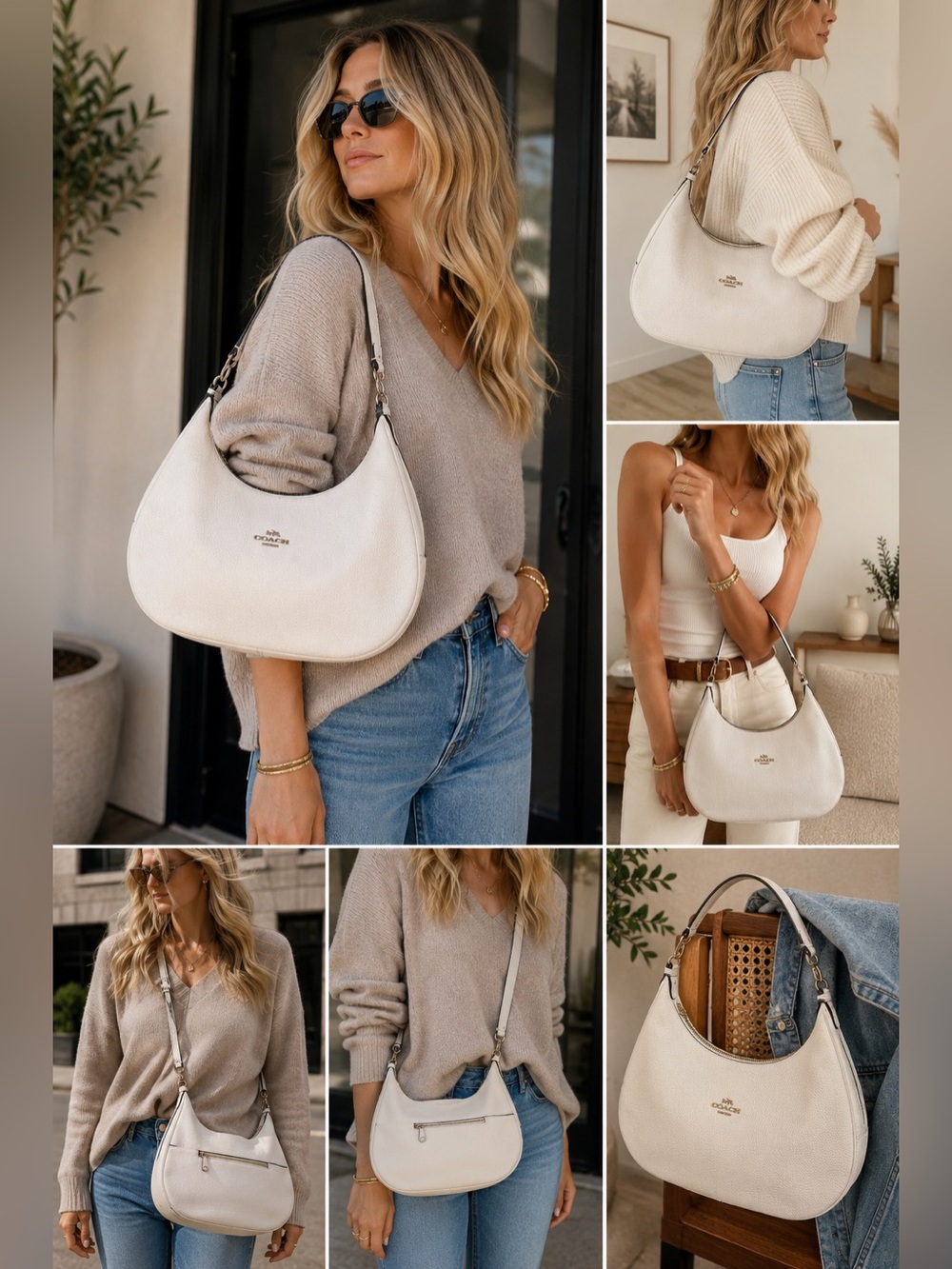 Coach Harley East West Hobo Bag Chalk Pebbled Leather  Shoulder Crossbody bag
